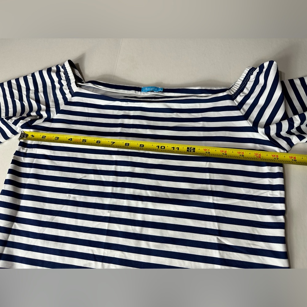 J.McLaughlin Blue Navy White Striped Scalloped Trim Square Neck size Small - Picture 12 of 13